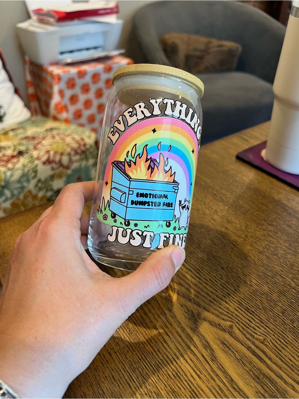 “Everything Is Just Fine” Tumbler with Rainbow Dumpster Fire Graphic